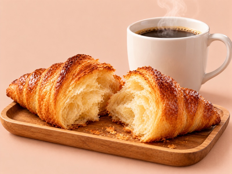 湯気の立つコーヒーと、半分に割った焼きたてのクロワッサン