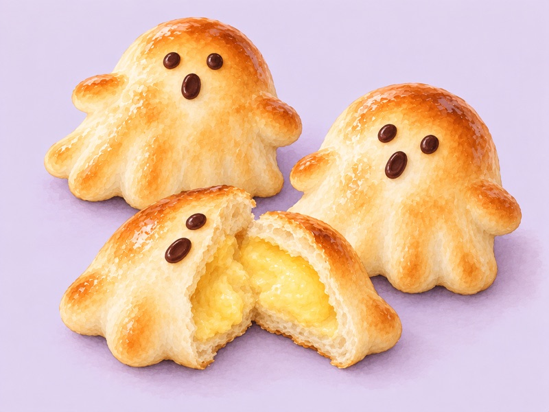 おばけの形をしたクリームパン。割ったところからカスタードクリームが見える