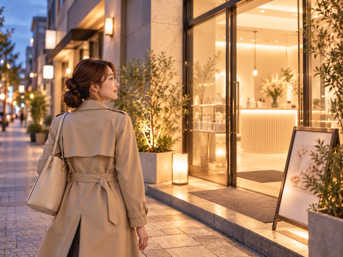 仕事帰りに夕暮れのサロンへ向かう女性