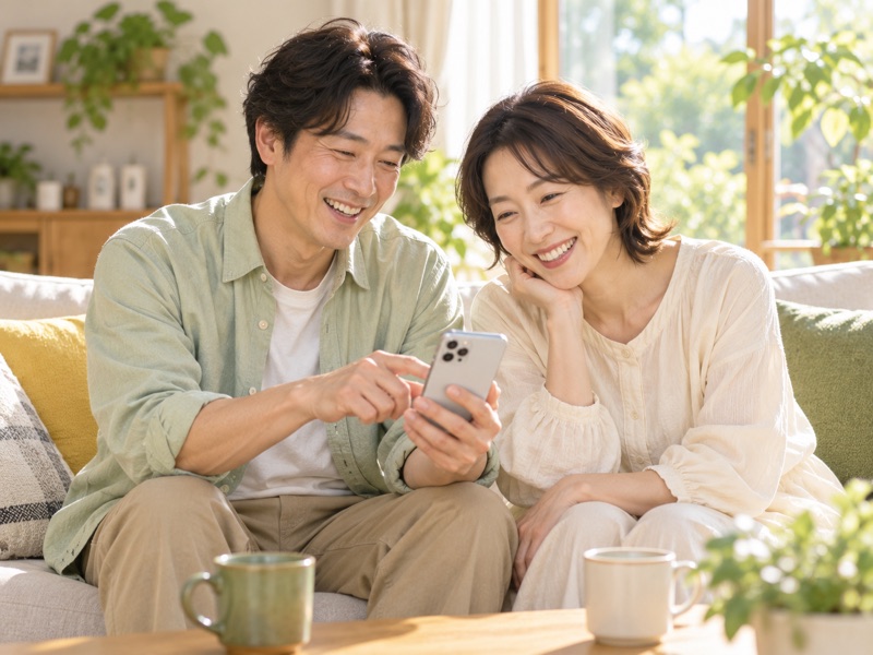 リビングでスマホをのぞきこみ、笑顔で話す夫婦