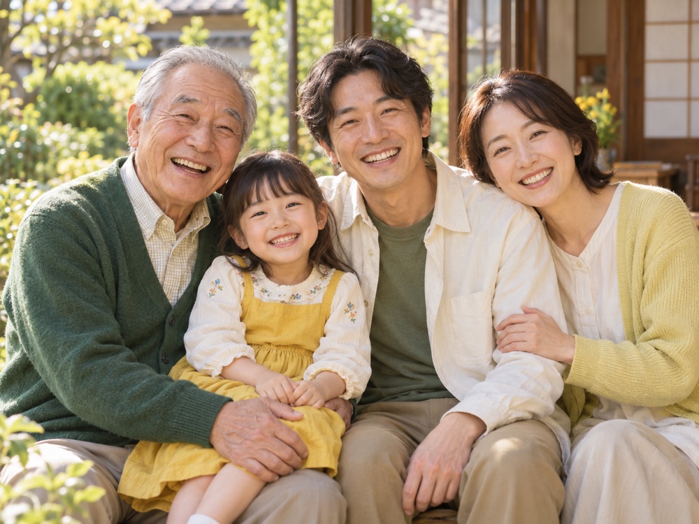 縁側で笑顔を見せる、おじいちゃん・夫婦・孫の三世代の家族