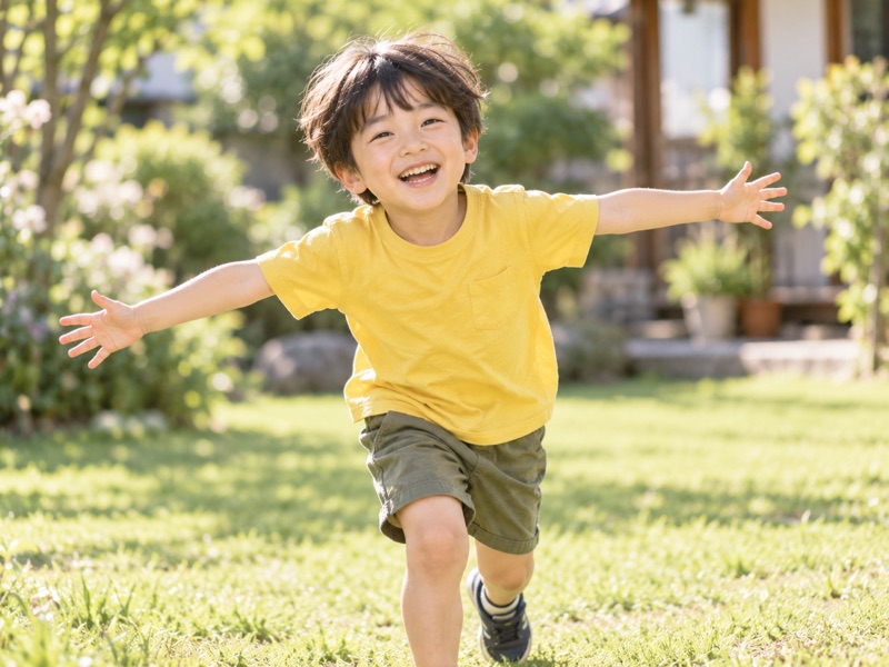 芝生の庭で、両手を広げて笑う男の子
