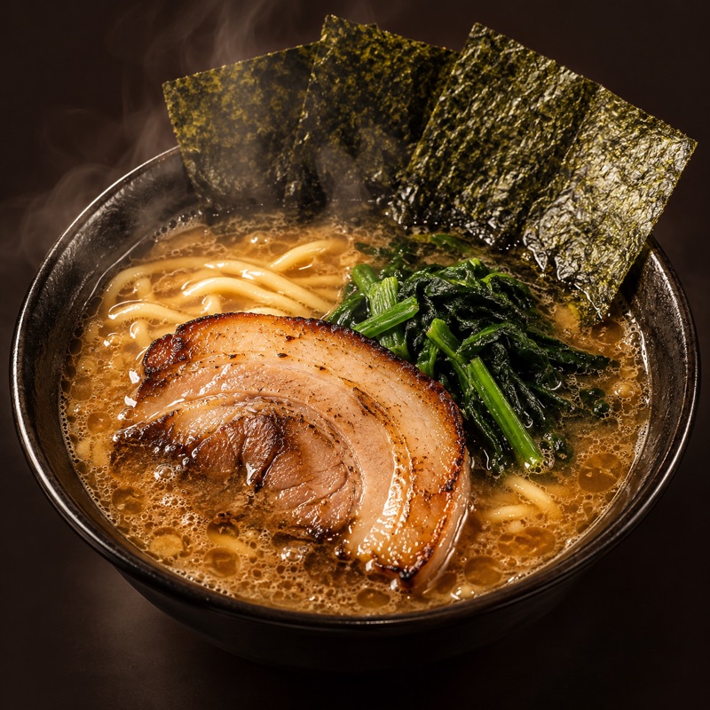 チャーシュー・ほうれん草・海苔がのった家系ラーメン