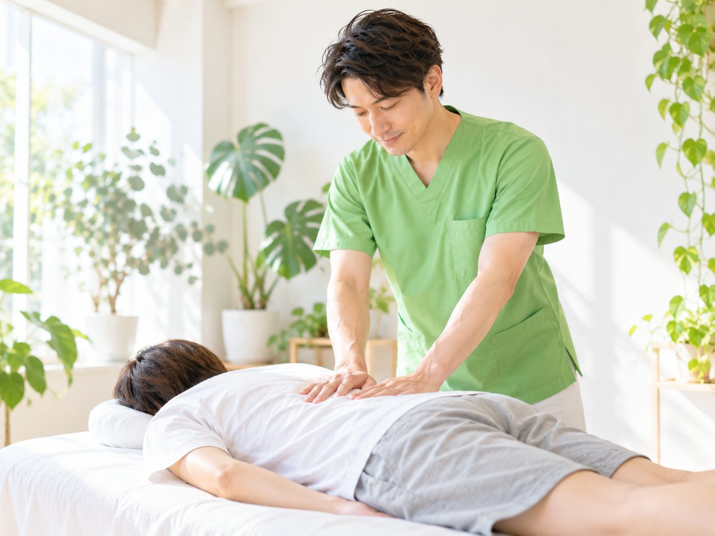 植物に囲まれた明るい個室で、うつぶせのお客さまの背中に施術者が手を添えている