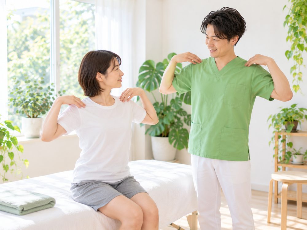 ベッドに腰かけたお客さまと施術者が、一緒に肩のストレッチをしている
