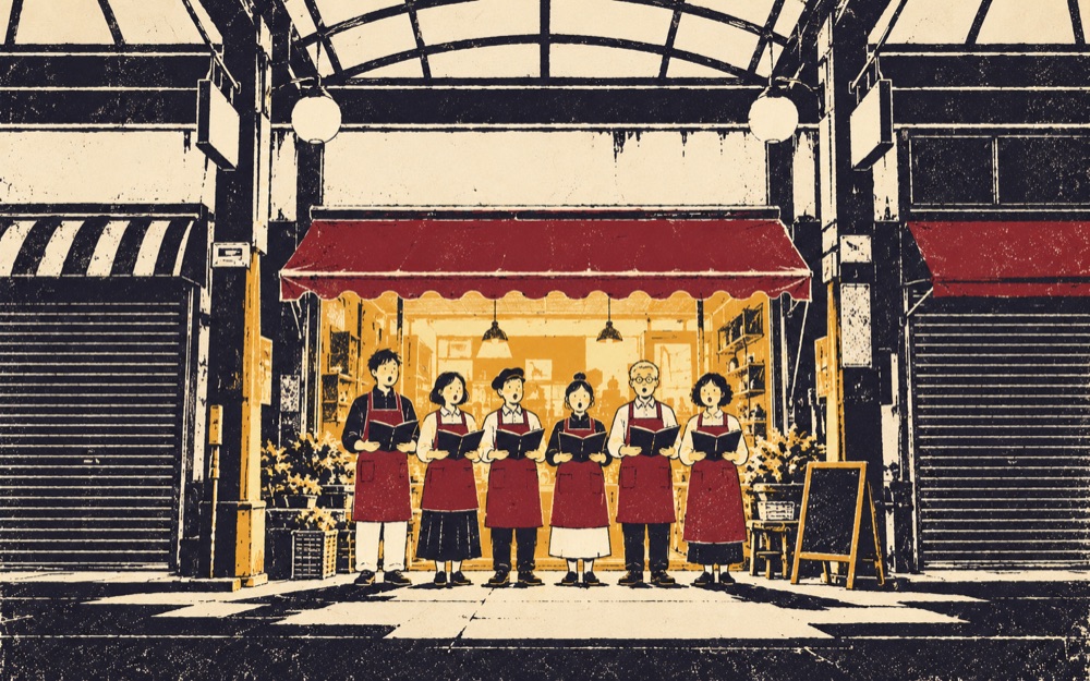 シャッター通りの商店街で、明かりのついた一軒の前に並び、楽譜を手に歌うエプロン姿の六人